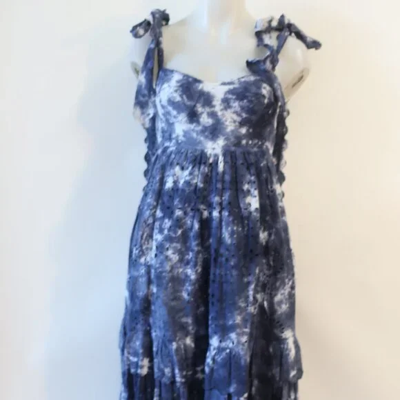 Womens LoveShackFancy Navy Blue White Tie Dye Eyelet Shoulder Ties Midi Dress 0 - Picture 8 of 15